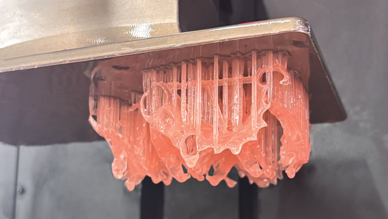 The teeth and base are printed separately using Glidewell’s proprietary light-cured resins