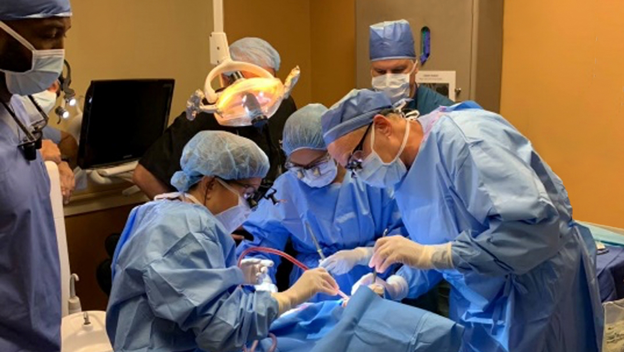 dentists performing implant surgery on patient