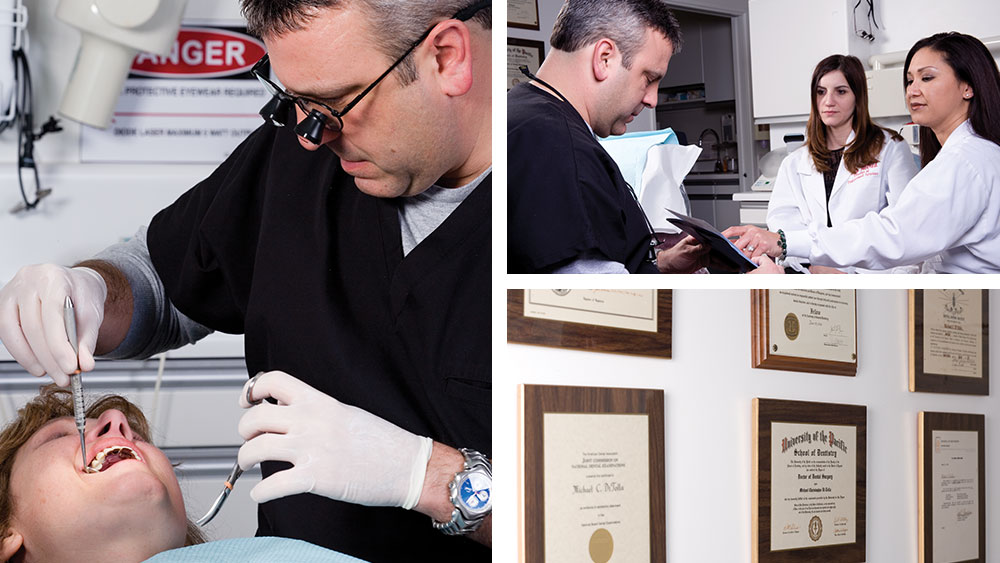 Collage of dentist working on patient and business certification