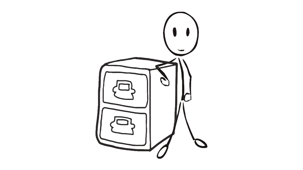 stick figure leaning on file cabinet