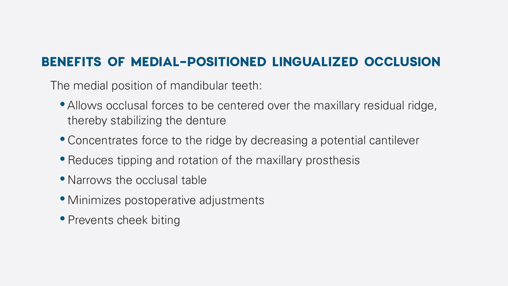 Benefits of medial-positioned lingualized occlusion