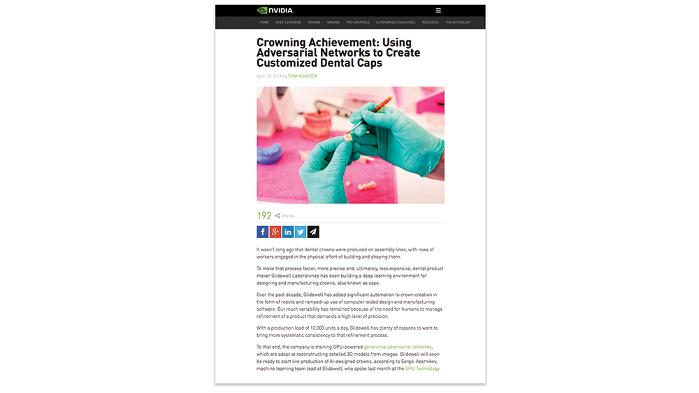 NVIDIA 2018 article "Crowning Achievement: Using Adversarial Networks to Create Customized Dental Caps"