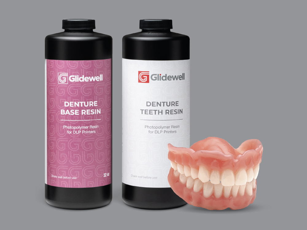 Glidewell denture resin bottles with dentures