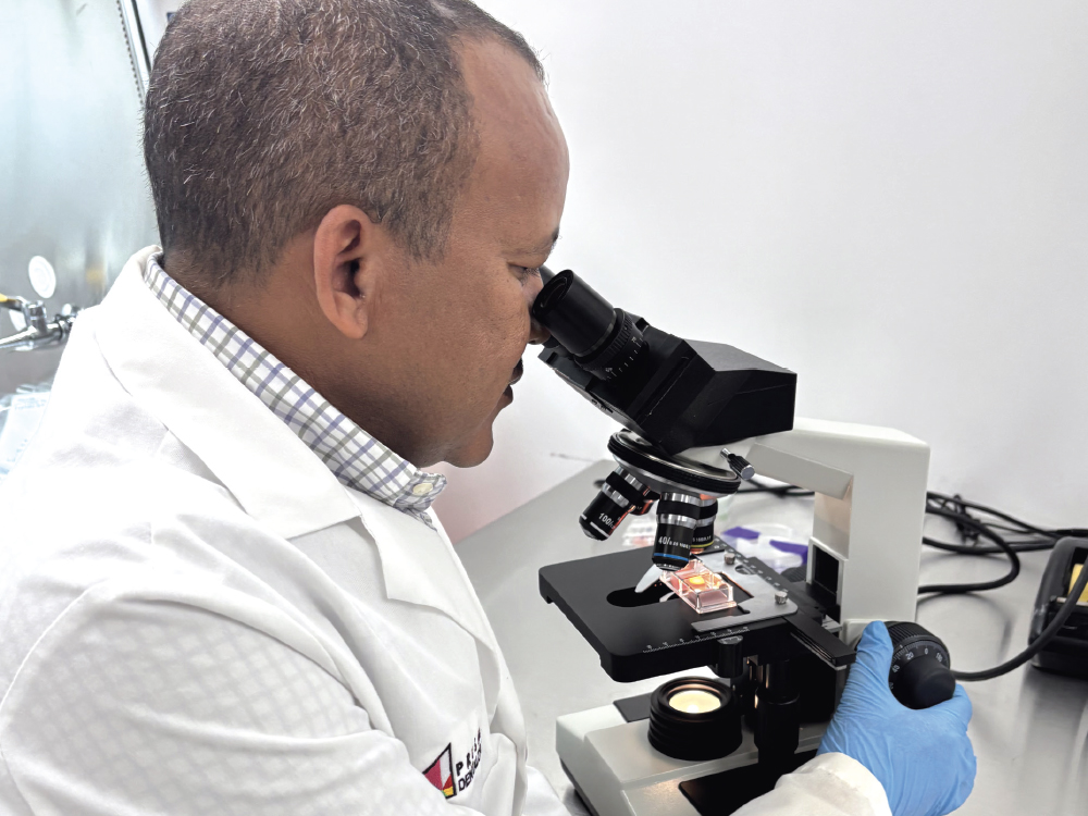 Scientist using microscope in laboratory