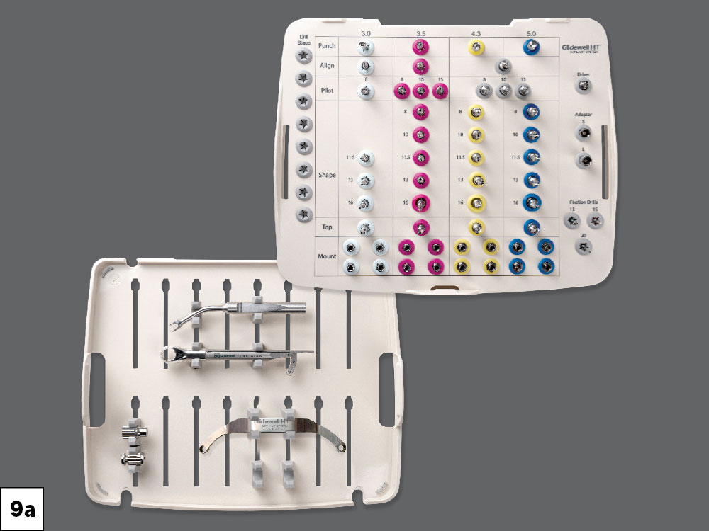 The cassette contains color-coded grommets, the drills are marked with corresponding color bands