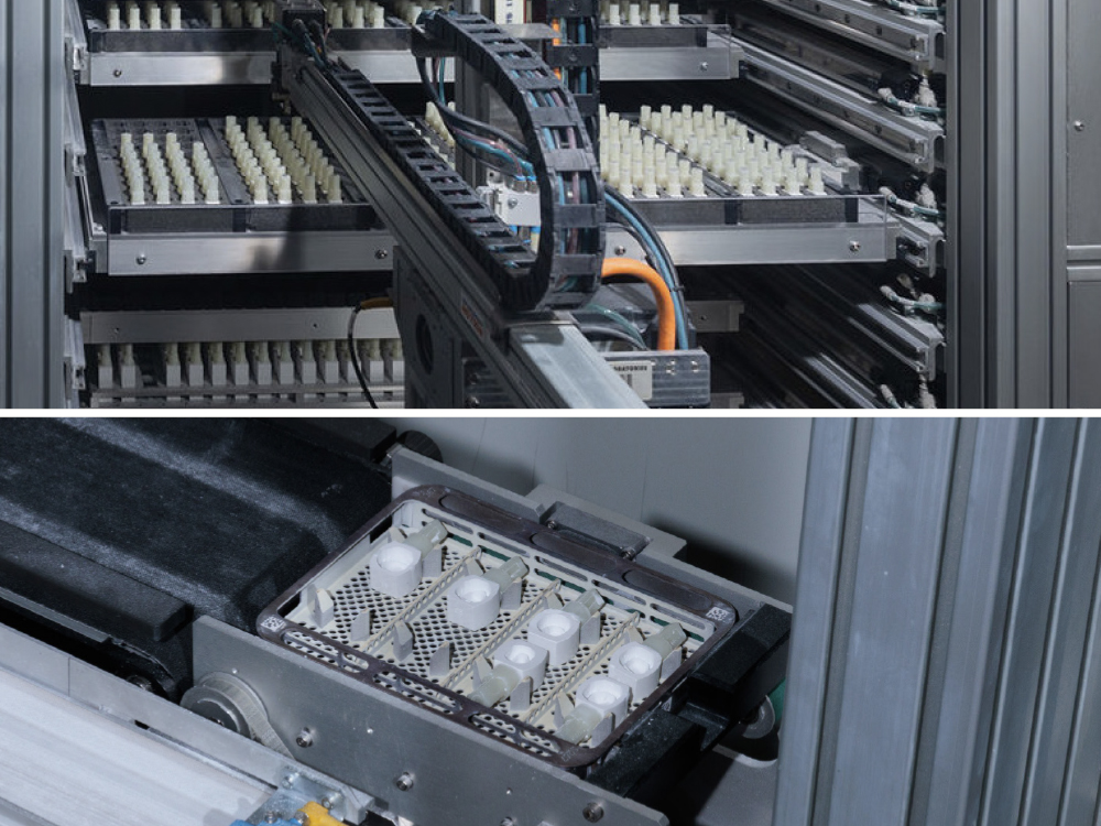 The manufacturing workflow begins with a series of robotic arms selecting a BruxZir Full-Strength or BruxZir Esthetic block