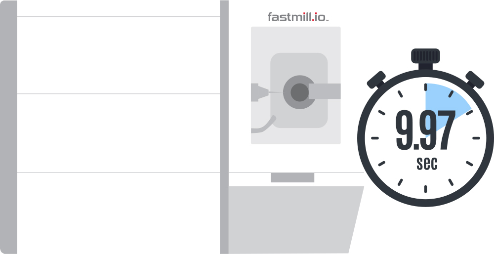 Illustration of the fastmill.io in-office mill with a stopwatch showing 9.97 seconds, representing Glidewell's crown milling speed.