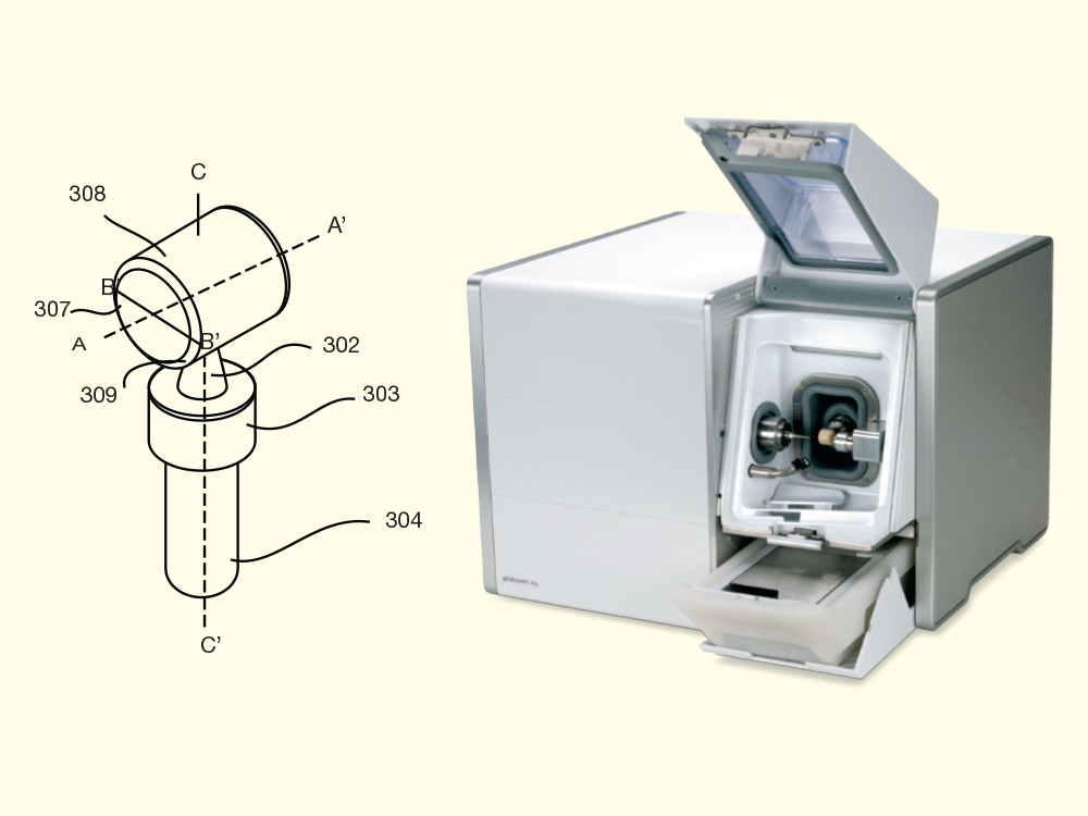 From the drawing board to the assembly line: On the left is an illustration of a tool path used to mill a sintered zirconia preform (as depicted in the U.S. Patent Application Publication drawing), and on the right is the preform zirconia blank inserted i